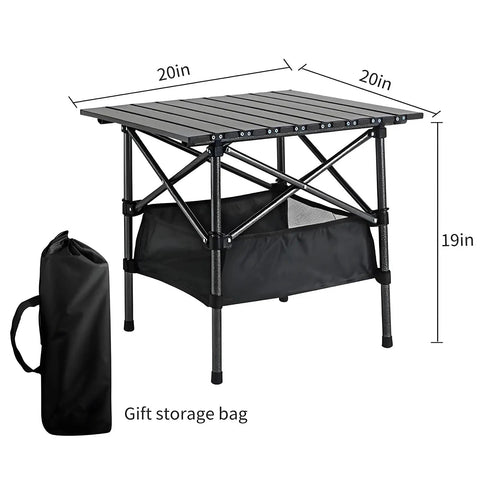 Foldable Aluminum Beach Table For Camping And Outdoors Ultra Lightweight And Rust Resistant Easy Fold And Unfold In Seconds 20 X 20 Inch Portable Camp Table With Storage Bag Ideal For Picnics Beaches Hiking And Grilling, shown folded beside storage bag.