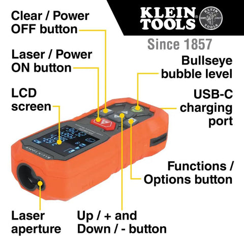 Diagram of Green Laser Distance Measure Tool With 200 Foot Range For DIY And Pros, showing buttons, LCD, and USB-C port