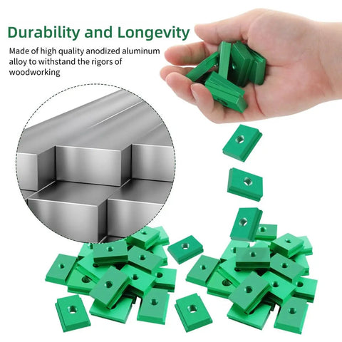 Beefy 10 Pack T Track Nuts M6 And M8 T Slot Sliders For 30mm Aluminum Extrusion Profiles held in hand with aluminum extrusions.
