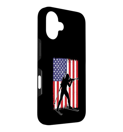 Dope Biathlon Themed iPhone 16 Case For Men And Women Biathlon Lovers, featuring USA flag and skier silhouette, scratch resistant