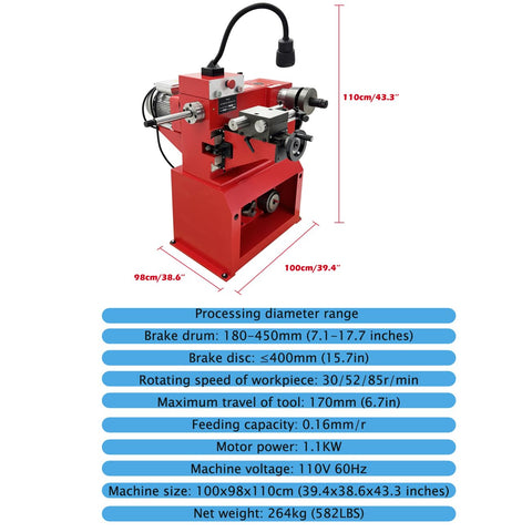 Brake Drum And Disc Lathe For Small And Medium Vehicles With Variable Frequency Speed Control 110V 1100W in detailed view