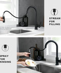 Slick Black Kitchen Faucet With Pull Down Sprayer Single Handle Modern Stainless Steel Kitchen Sink Faucet With Deck Plate Anti Fingerprint Finish SUS 304 Stainless Steel Construction in use.