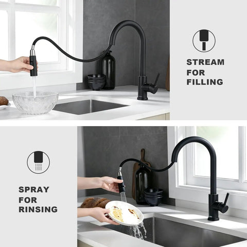 Slick Black Kitchen Faucet With Pull Down Sprayer Single Handle Modern Stainless Steel Kitchen Sink Faucet With Deck Plate Anti Fingerprint Finish SUS 304 Stainless Steel Construction in use.