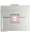Built Tough Aluminum Router Table Insert Plate Featuring Precision Miter Gauge Guide And Smooth Sliding Fence For Rock Solid Woodworking Flip Bench Operations Silver dimensions diagram, includes measurements.