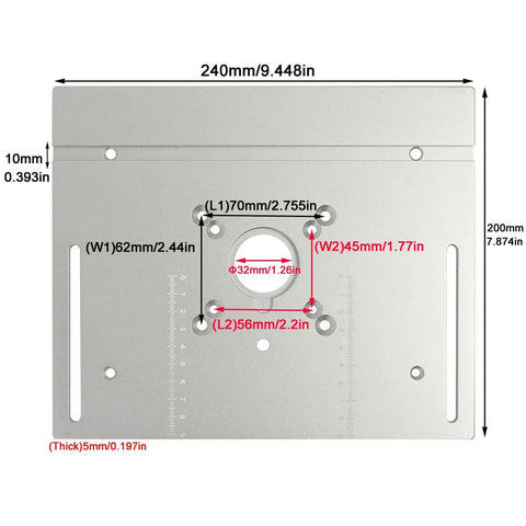 Built Tough Aluminum Router Table Insert Plate Featuring Precision Miter Gauge Guide And Smooth Sliding Fence For Rock Solid Woodworking Flip Bench Operations Silver dimensions diagram, includes measurements.