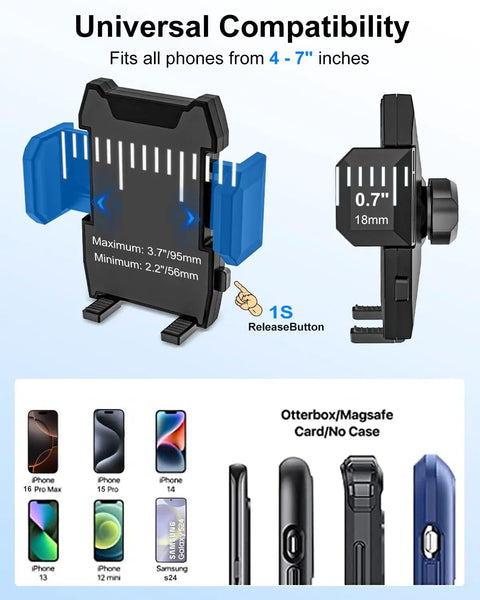 No Sweat Dual Usb Car Phone Mount That Slides Right Into Your Cigarette Lighter Socket For Easy Navigation And Fast Device Charging On Weekend Rides, showing universal compatibility for 4-7 inch phones.