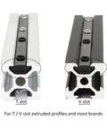 Comparison of black V slot and silver T slot extruded aluminum profiles for various assembly projects.