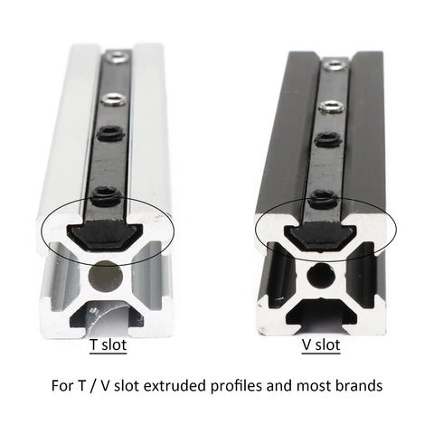 Comparison of black V slot and silver T slot extruded aluminum profiles for various assembly projects.