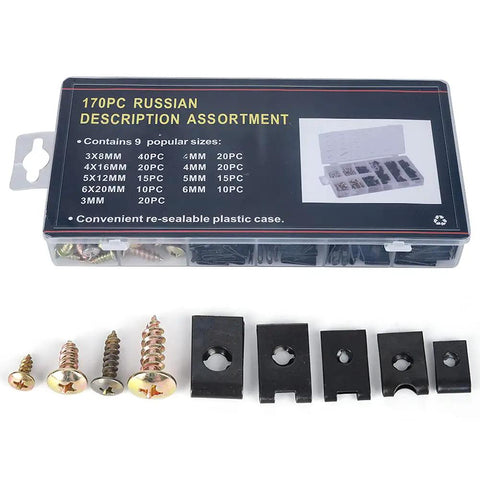 170 Piece U Clip And Screw Set For DIY Projects And Home Improvement Versatile Fasteners Kit With Durable Carbon Steel Screws Great For Repairs Cabinets Woodworking And General Hardware Needs, assorted U-clips and screws in box