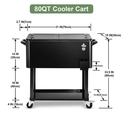 80 Quart Black Rolling Ice Chest Cooler Cart On Wheels For Patio And Backyard Parties with measurements