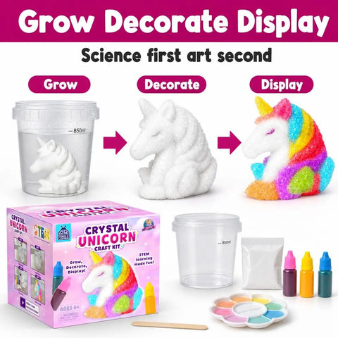 Grow Your Own Unicorn Crystal With This Hands On STEM Kit For Kids Ages 8 12 A Fun Screen Free Science Craft That Merges Science And Art Pink box with 850ml cup, crystal powder, paints, and unicorn figure