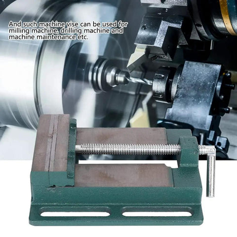 Fabater 5 Inch Cast Iron Machine Vise Heavy Duty Jaw Milling Clamp For Drill Press Stable Ground Bottom Secure Workpiece Tool positioned for use.