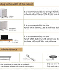 Guide for choosing handle size based on cabinet width; includes diagrams of hole distances and single hole options.