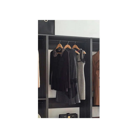 Freestanding Gray Wood Closet System With Five Modular Wardrobe Units For No Stress Setup showcases hanging dresses and tops.