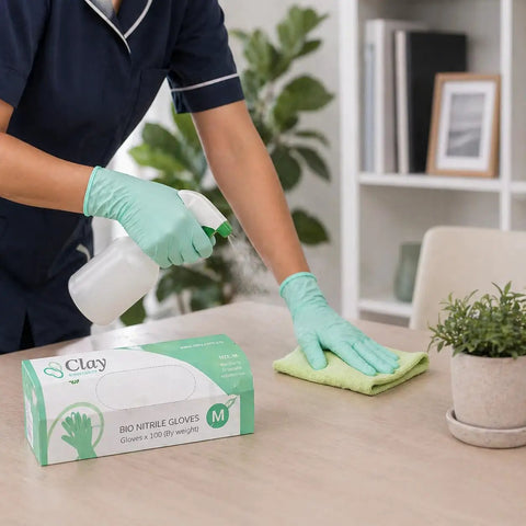 Kickass Sustainable Nitrile Gloves In Vibrant Green, Premium Powder Free And Latex Free Disposable Safety Wear For Restaurant Shifts And Weekend Projects, Hella Grippy 100 Count Large Box, person using gloves to clean a table.