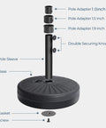 80 Pound Round Patio Umbrella Base With Fillable HDPE Weights For Outdoor Market Umbrellas Sturdy Heavy Duty Stand Fits 1.0 To 1.9 Inch Poles For 6 To 12 Foot Umbrellas Black with adapters and parts labeled.