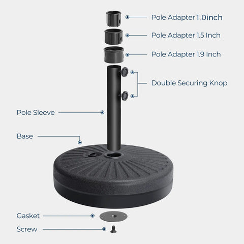 80 Pound Round Patio Umbrella Base With Fillable HDPE Weights For Outdoor Market Umbrellas Sturdy Heavy Duty Stand Fits 1.0 To 1.9 Inch Poles For 6 To 12 Foot Umbrellas Black with adapters and parts labeled.