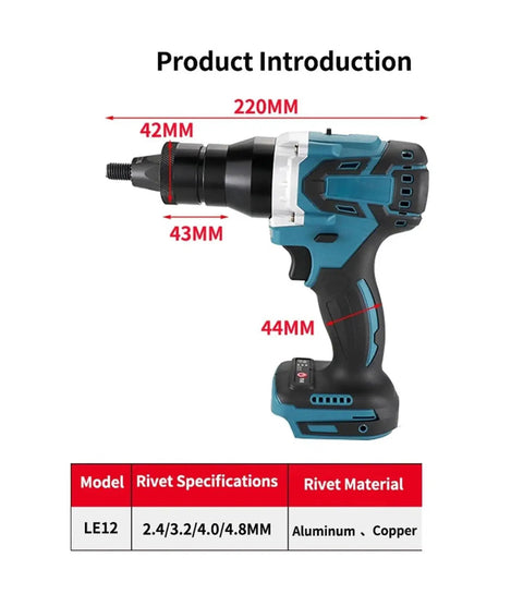 Brushless Electric Rivet Gun Kit With Rechargeable Battery, Automatic Riveting Tool, dimensions 220mm x 43mm, blue handle