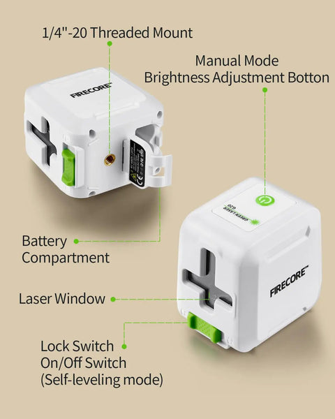 Self Leveling Laser Level With Tripod For Easy DIY Picture Hanging And Tile Installations Green Cross Line Laser For Home Renovation 110 Degree Horizontal And Vertical Beams Includes Carry Pouch And Battery, showing device features