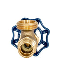 Front view of Beefy Heavy Duty Boiler Drain Fitting With MHT Outlet Brass One Half Inch MIP Connection Stuffing Box for plumbing use.