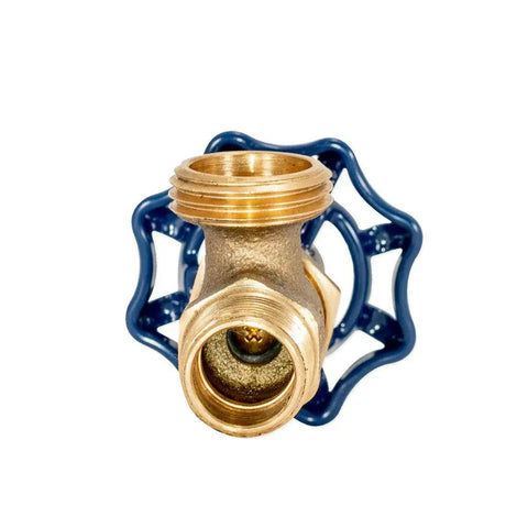 Front view of Beefy Heavy Duty Boiler Drain Fitting With MHT Outlet Brass One Half Inch MIP Connection Stuffing Box for plumbing use.