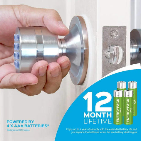 Person installing Keyless Smart Door Lock With Automatic Locking Battery Backup And Easy Install No Bluetooth Fits Most US Front Doors Replaces Standard Levers For Left Or Right Hinged Doors Program Master Code And Up To Eight User Codes on a wooden door, with batteries shown.