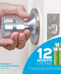 Close-up of hand installing Keyless Electronic Keypad Entry Door Lock Smart Knob Kit with Automatic Locking, silver finish.