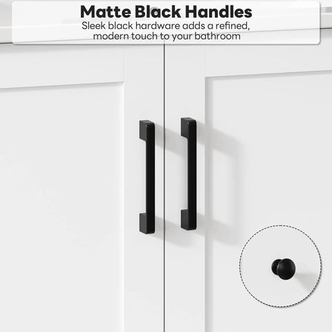 Matte black handles on a Modern 36 Inch Bathroom Vanity With Integrated Sink And Effortless Soft Close Drawers White Engineered Wood Cabinet.