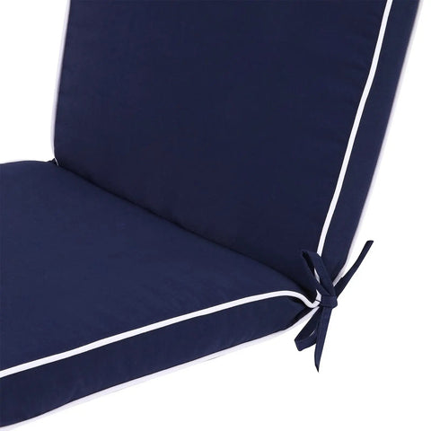 Close-up of navy cushion with white piping, part of Set Of 4 Outdoor Patio Chair Cushions 20 By 17 Inch Seat Cushions With Ties, Water Resistant UV Protected All Weather Cushions For Patio Furniture, 2 Inch Thick
