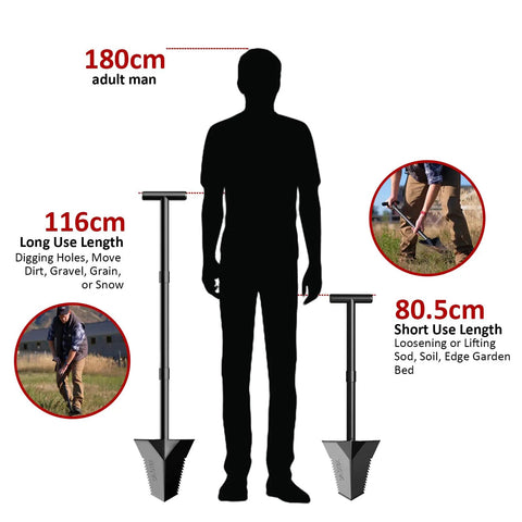 Heavy Duty Spade Shovel With Adjustable T Handle Serrated Blade For Root Cutting 31 To 45 Inch Length with height comparison
