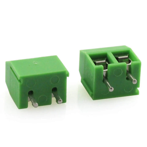 20 Pack 5mm 2 Pin Screw Terminal Block Connector For PCB Mount Arduino Projects 300V 10A Wire Range 22 To 14 AWG front and side view