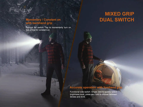 Person using 800 Lumen USB C Rechargeable AA Flashlight For EDC And Emergency Kits, Penlight Style in snowy forest and tent scene