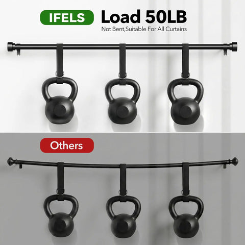 Comparison of heavy duty black curtain rod for windows 66 to 120 inches, 1 inch diameter, adjustable, with weights.