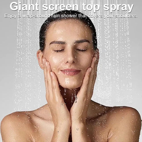 Woman enjoying rain shower from 12 Inch Shower Head With Extension Arm And Handheld Spray 9 Setting Rain Shower System.