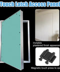 No Sweat Hidden Drywall Access Door Panel With Rock Solid Aluminum Frame And Sweet Magnetic Latch showing installation details and touch latch mechanism.