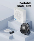 Compact black USB Desk Fan with packaging on light background; USB cable included. USB Desk Fan With 3 Speeds, Ultra Quiet Go-To Personal Table Fan For Home Office And Travel, 5.5 Inch Portable Cooling, 90 Degree Tilt, Compact Black, Your Everyday Cool On Hot Days.
