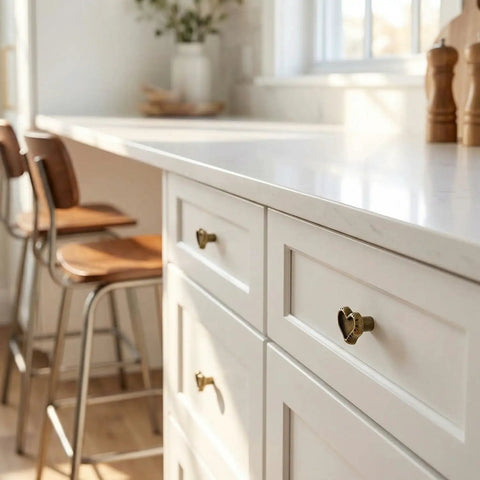 Antique Brass Heart Cabinet Knobs With Hammered Texture Solid Metal Drawer Pulls And Handles For Boho Nursery Dresser Kitchen Cabinets And Bathroom Vanity Decor installed on white kitchen cabinets