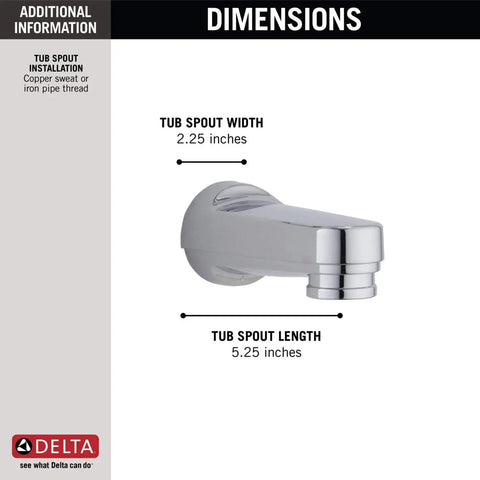 Tub Spout Replacement RP17453 Chrome 6 Inch Reach for Bathtub Faucets, side view showing dimensions 2.25" width and 5.25" length