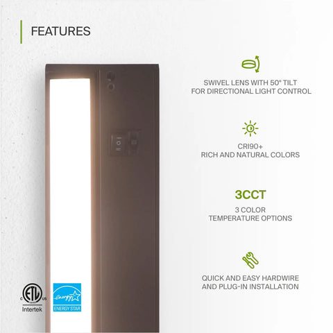 Closeup of Swivel LED Under Cabinet Lights 12 Inch 5W Kit Dimmable And Linkable Plug In Or Hardwired with feature highlights.