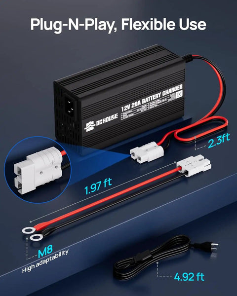 12V 20A LiFePO4 Battery Charger With 14.6V Output 300W Fast Charge Quick Connector And LED Indicator 0V Activation Recovery Power Up For Boat RV Solar Off Grid Home Systems with cables and connectors