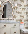 Clean Leopard Print Neutral Vinyl Wall Covering Featuring A Slick Leather Texture And Top Shelf Commercial Durability For Your Next Epic Home Upgrade Now in a stylish bathroom setup.