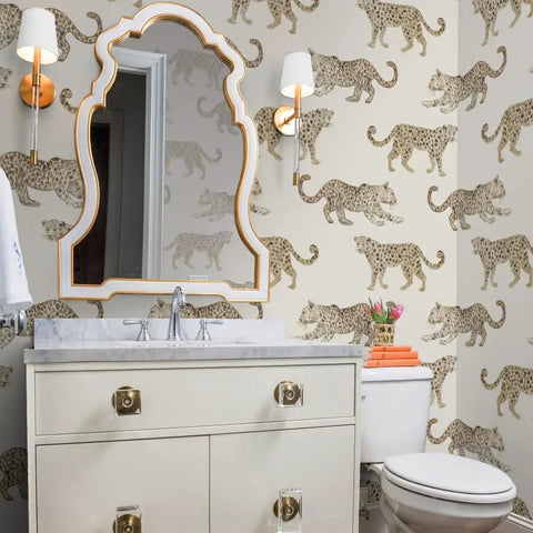 Clean Leopard Print Neutral Vinyl Wall Covering Featuring A Slick Leather Texture And Top Shelf Commercial Durability For Your Next Epic Home Upgrade Now in a stylish bathroom setup.