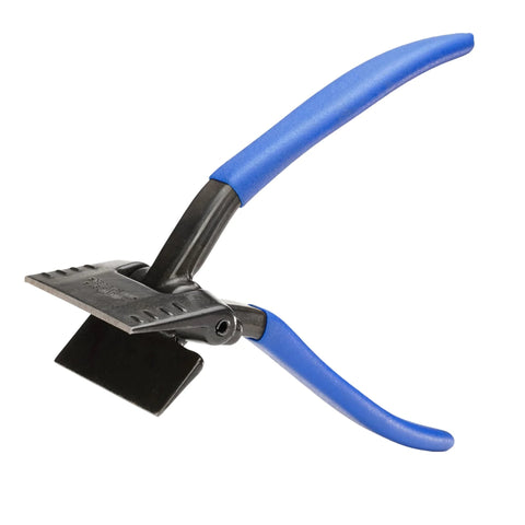 Midwest seamer tong, 3-inch offset sheet metal bender with blue handles, side view