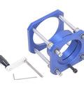 Adjustable Router Lift Base Plate Featuring Zero To Fifty Four Millimeter Height Control For Sixty Four To Sixty Five MM Routers, blue alloy design.