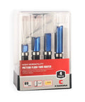 Workhorse Pro Grade Flush Trim Router Bit Set Four Piece One Quarter Inch Shank Carbide Tipped in packaging, ideal for woodworking.