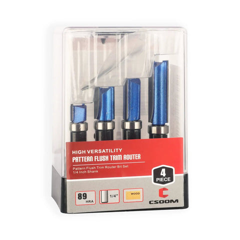 Workhorse Pro Grade Flush Trim Router Bit Set Four Piece One Quarter Inch Shank Carbide Tipped in packaging, ideal for woodworking.
