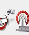 Heavy Duty Polyurethane Brake Caster Set Universal Mounting Plates four-piece set with red wheels and measuring tools.