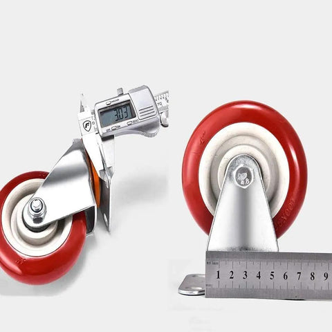 Heavy Duty Polyurethane Brake Caster Set Universal Mounting Plates four-piece set with red wheels and measuring tools.