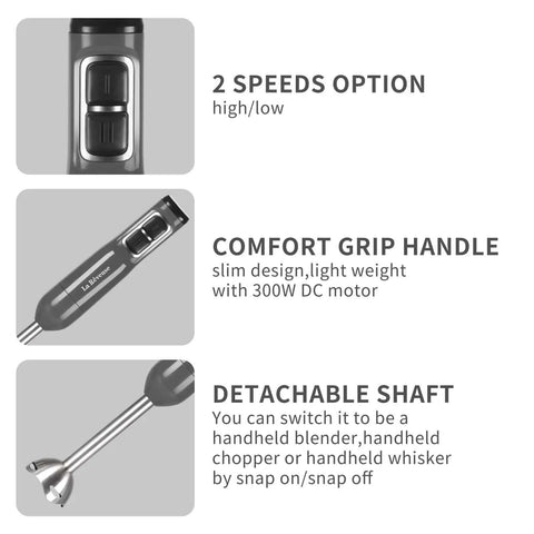 Close-up of the Heavy Duty Handheld Immersion Blender With 300 Watt Motor showing speed options and comfort grip handle.