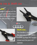 4 In 1 Snap Ring Pliers Set With 3 Interchangeable Jaw Heads Pro Grade And Heavy Duty Angled 45 Degree 90 Degree And 180 Degree For Auto And Engine Repair Red shown with jaw options and usage instructions.